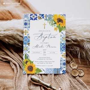 Sunflower baptism Invitation template blue tile baptism card Positano Blue Tile baptism Invite Italian Blue tile yellow floral Christening