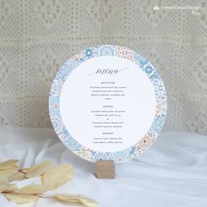 Modelo de menu de mesa redonda azulejo azul celeste círculo azulejo menu imprimível azulejo mediterrâneo mediterrâneo editável cartão de menu menu redondo