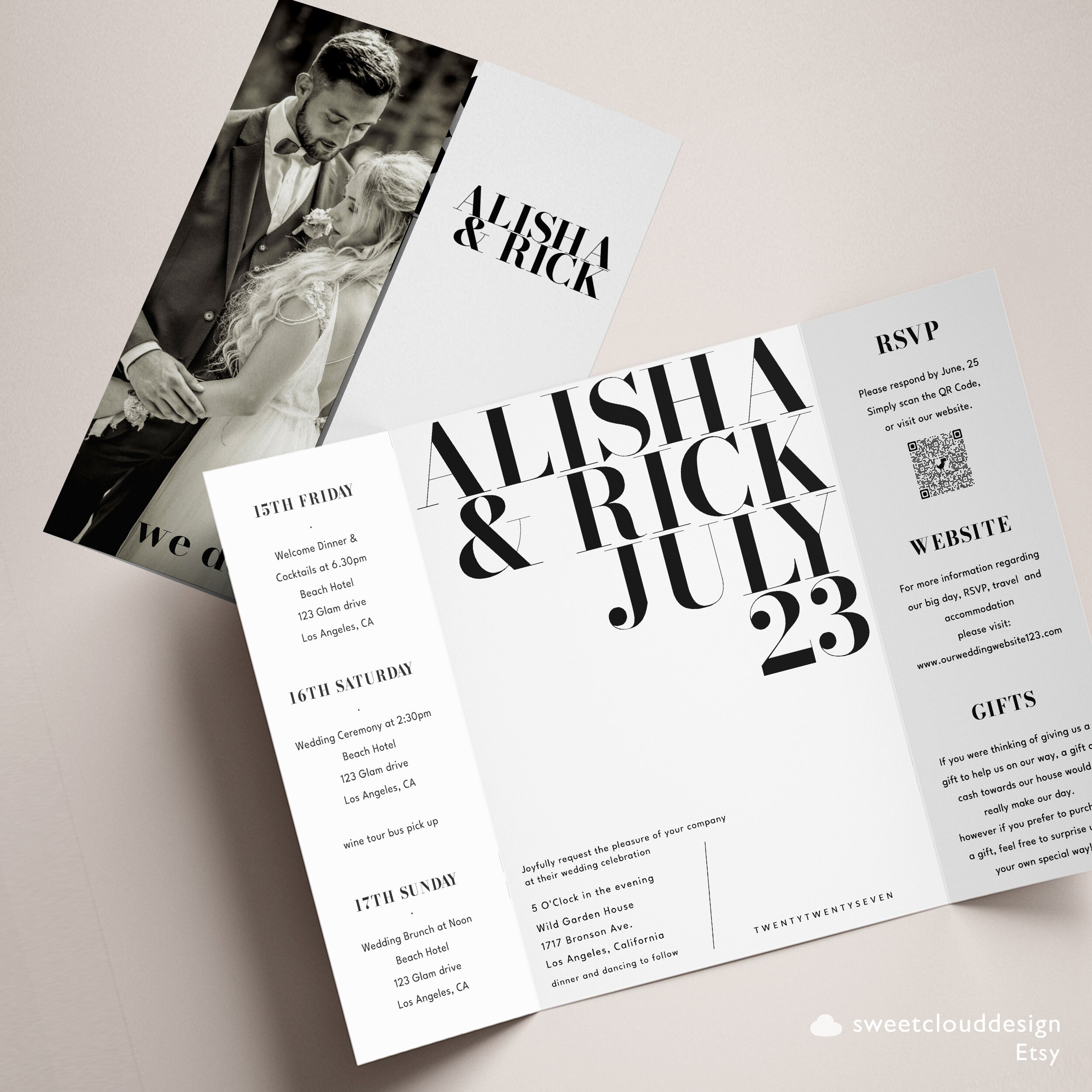 Gatefold Simple Wedding Invitation Modern Gatefold Invitation Minimal ...
