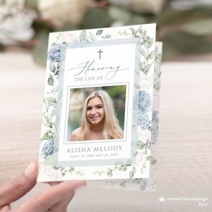Dusty blue floral Funeral Program soft blue flower cross Ceremony Foldable cross funeral Program Printable sky blue flower Order Of Ceremony