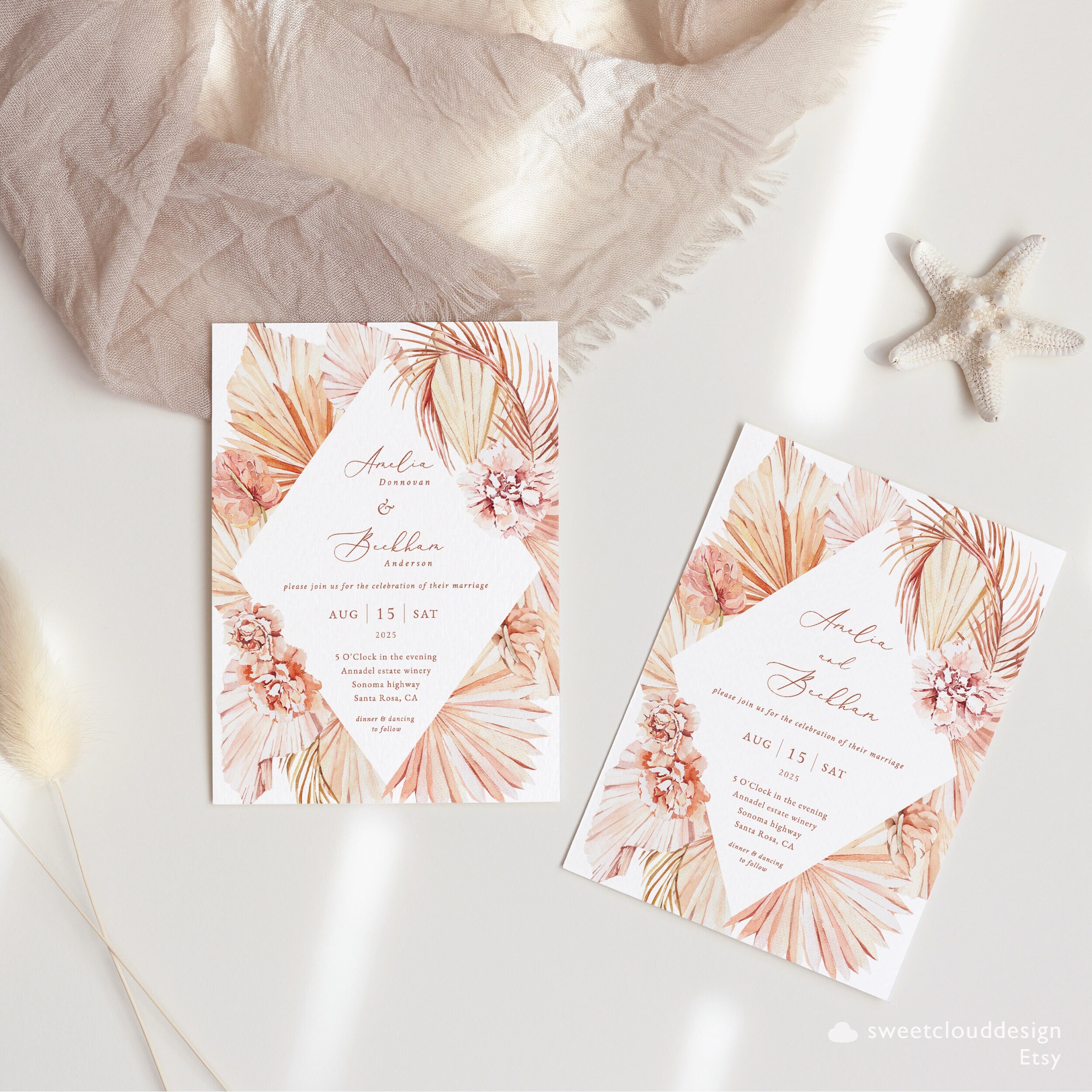 Orange Boho Wedding Invitation Boho Invitation Pampas Grass