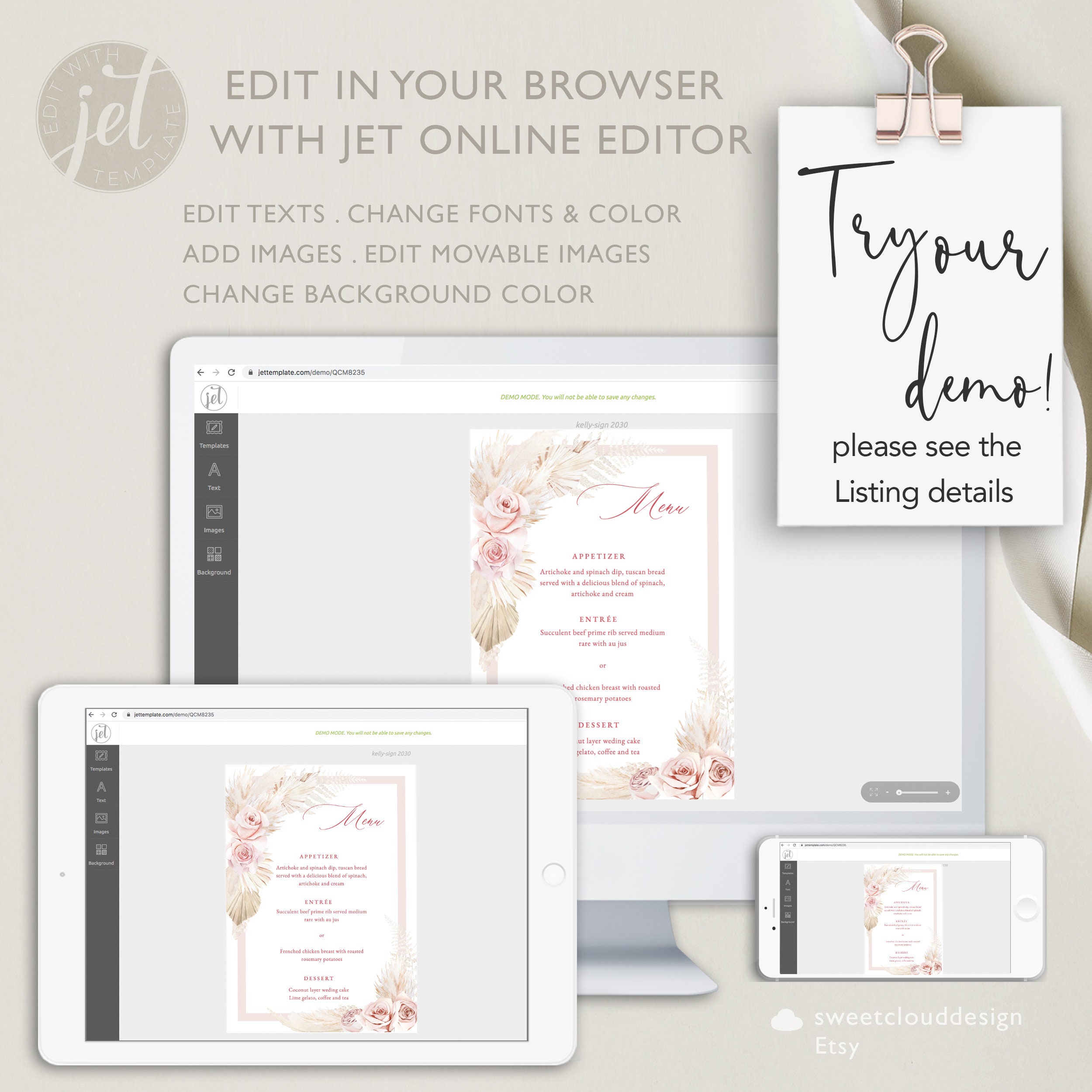 BOHO Blush Rose Dinner Menu Template Bohemian Pink Floral Wedding Menu ...