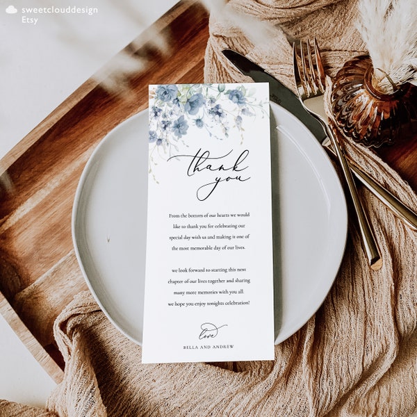 Dusty blue Thank You card menu Soft blue flower Thank You Card for table Template blue floral Editable table thank you card berry