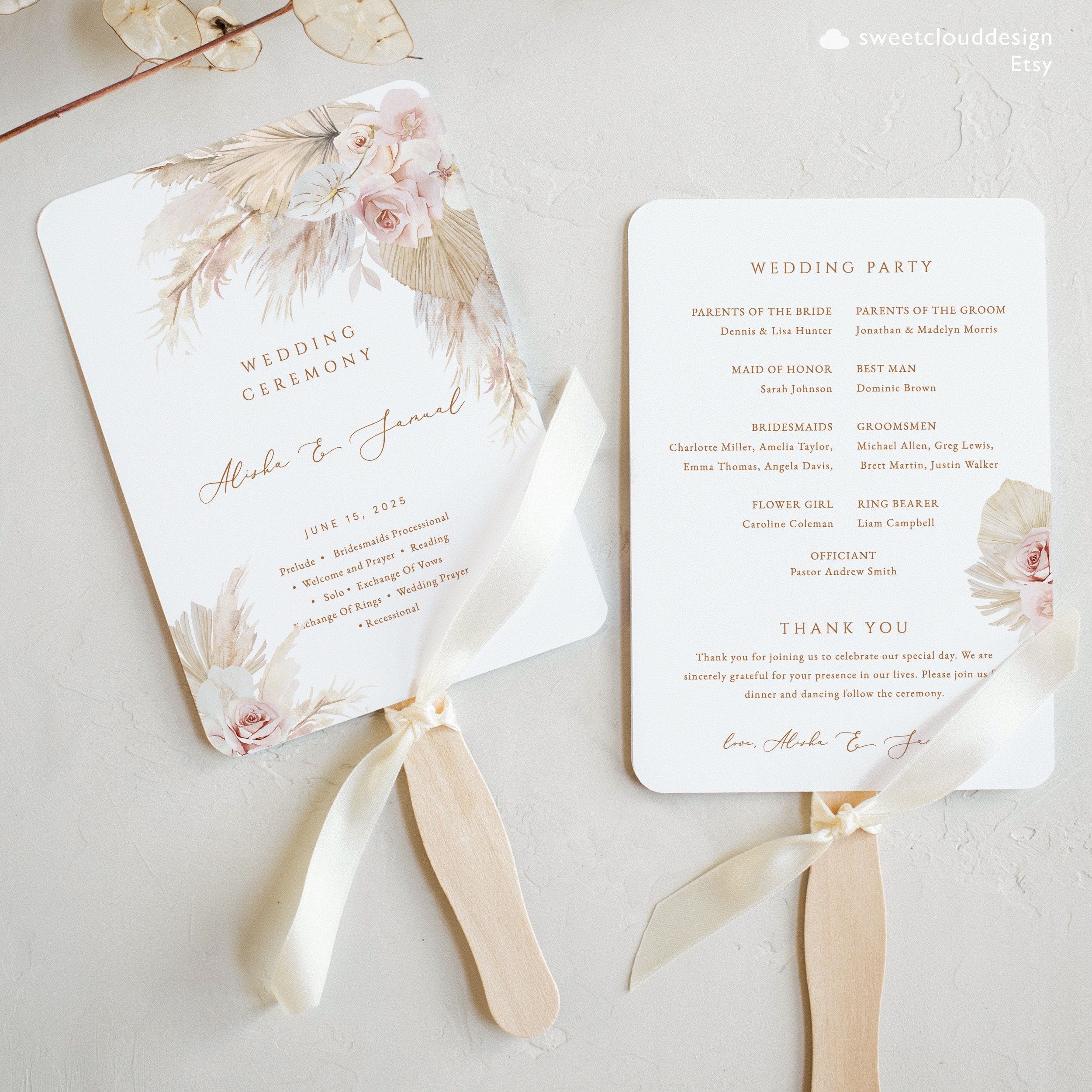 Boho Blush Rose Wedding Program Template Pink Pampas Grass - Etsy