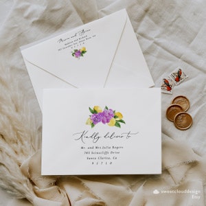 dusty purple Lemon Envelope Address and Return Template boho purple floral Envelope Address envelope printable violet flower Envelope