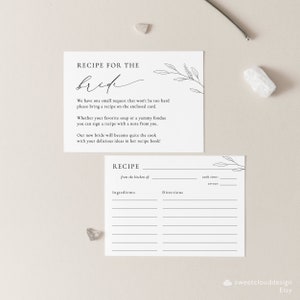 May include: A printable recipe card with a floral design and the text "Recipe for the Bride". The card includes a space for the recipe name, ingredients, directions, cook time, and servings.