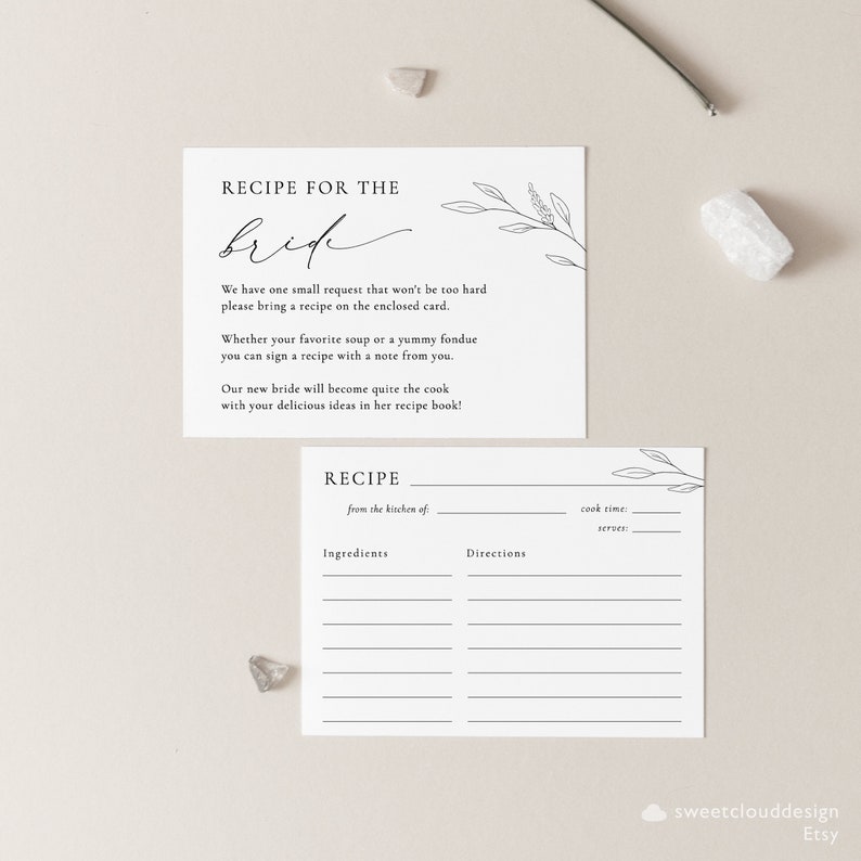 May include: A printable recipe card with a floral design and the text "Recipe for the Bride". The card includes a space for the recipe name, ingredients, directions, cook time, and servings.