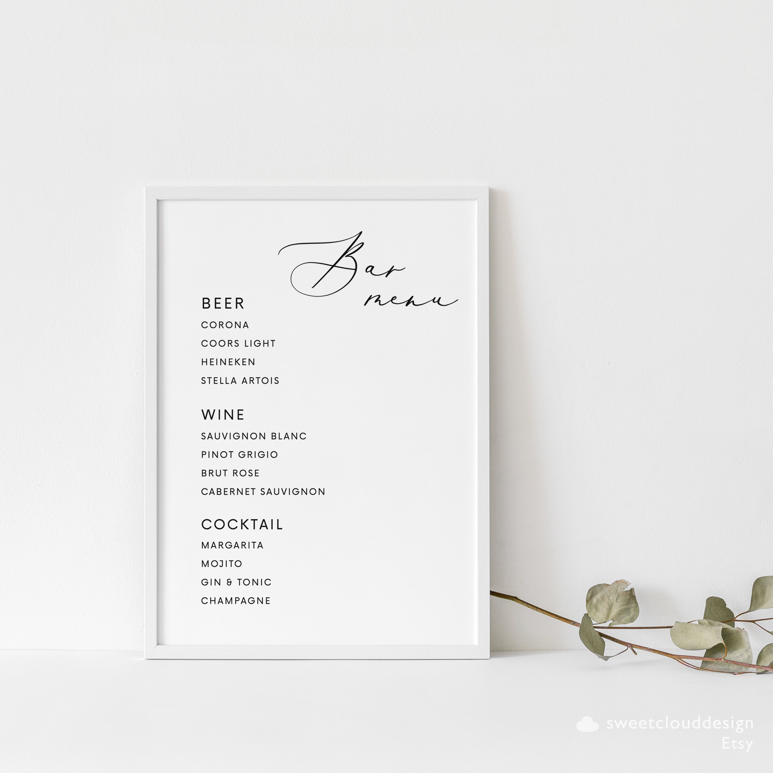 Simple Bar Menu Sign Drink Bar Sign Table Cocktails Sign Printable Bar ...