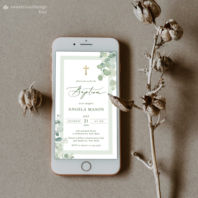 May include: A digital invitation for a baptism with a green watercolor background and a gold cross. The invitation reads "Please join us for the Baptism of our daughter Angela Mason, Saturday, July 21, 2028 at 1 PM, Salt and Sand Church, 11 Richmond Ave, York, Maine. Branch to follow at Sand Country Club, 4578 Sandal Ave, York, Maine. RSVP to Lauren 207-555-1212."