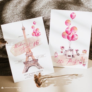 Pink Paris sweet 16 Invitation Eiffel Tower 16th birthday card template Paris Tower Quinceanera Invitation template pink birthday party card