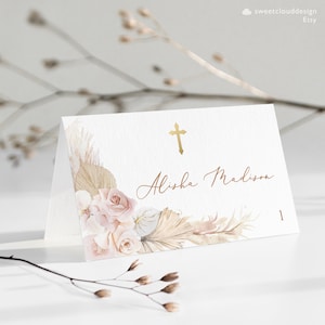 Modelo de cartão de lugar Blush Boho, cruz dourada, rosa, cartão de nome floral, cartões de lugar de batismo, grama de pampas, cartão de nome editável, cartão de nome Boho