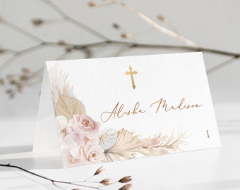 Blush Boho place card template gold cross pink floral name card baptism place cards Pampas grass Editable name card Bohemian name card