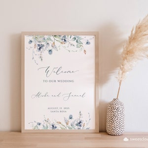 Dusty Blue flower Welcome Wedding Sign Template Steel blue flower welcome Sign Printable winter floral welcome Sign soft green sign Berrie image 9