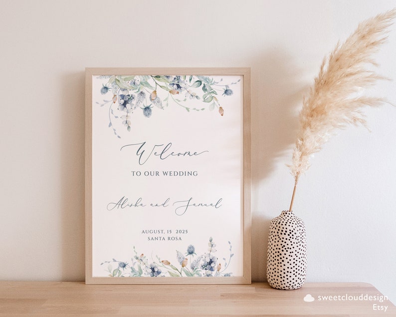 Dusty Blue flower Welcome Wedding Sign Template Steel blue flower welcome Sign Printable winter floral welcome Sign soft green sign Berrie image 9