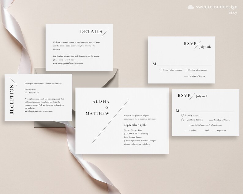 Minimal Line Wedding Invitation Set Template Modern Simple - Etsy