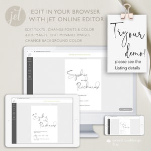 May include: A mockup of a wedding invitation template on a computer screen, tablet, and phone. The template features a simple design with the names "Sophie and Richard" in black script font. The text "Try our demo! Please see the listing details" is written on a white note with a gold paper clip.