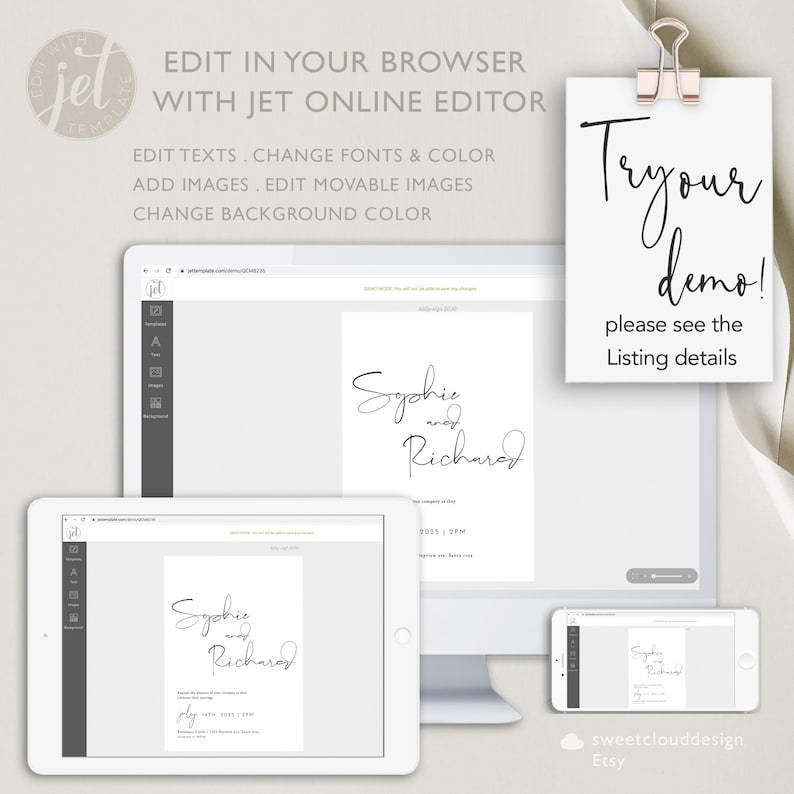 May include: A mockup of a wedding invitation template on a computer screen, tablet, and phone. The template features a simple design with the names "Sophie and Richard" in black script font. The text "Try our demo! Please see the listing details" is written on a white note with a gold paper clip.