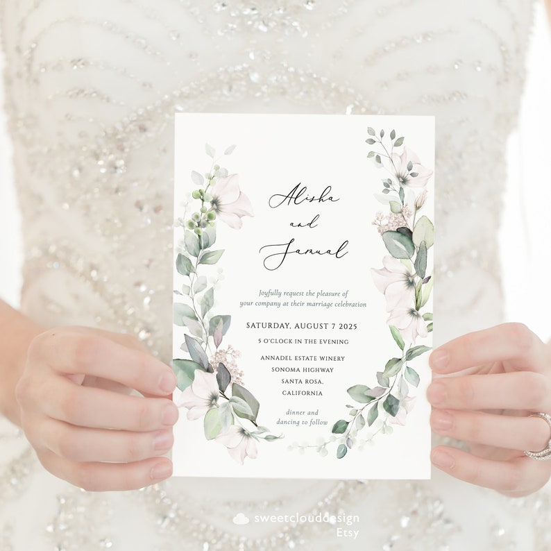White Rose Wedding Invitation Template Floral editable wedding Etsy