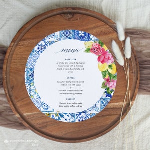 Pink Rose Blue tile round table Menu Template Italy blue tile and lemon circle Menu Printable Peach floral Mediterranean Editable Menu card