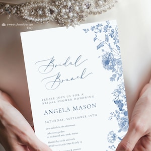 Plantilla de invitación de brunch nupcial floral azul polvoriento flor azul invitación de despedida de soltera invitación de brunch de despedida de soltera floral vintage imprimible