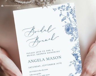 Dusty blue floral Bridal Brunch invitation template blue flower Bridal Shower invite vintage floral Bridal Shower Brunch Invite Printable