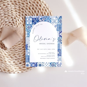 blue tile Bridal Shower Invitation template Positano tile bridal shower Mediterranean tile Arch frame bridal shower Italy blue tile bridal