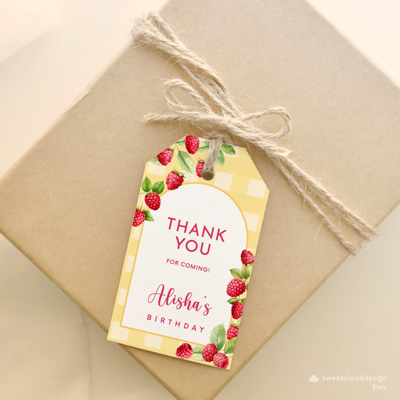 Raspberry Name Tag Raspberry Birthday Favor Tag Thank You Tag Red and Yellow Tag Berry ...