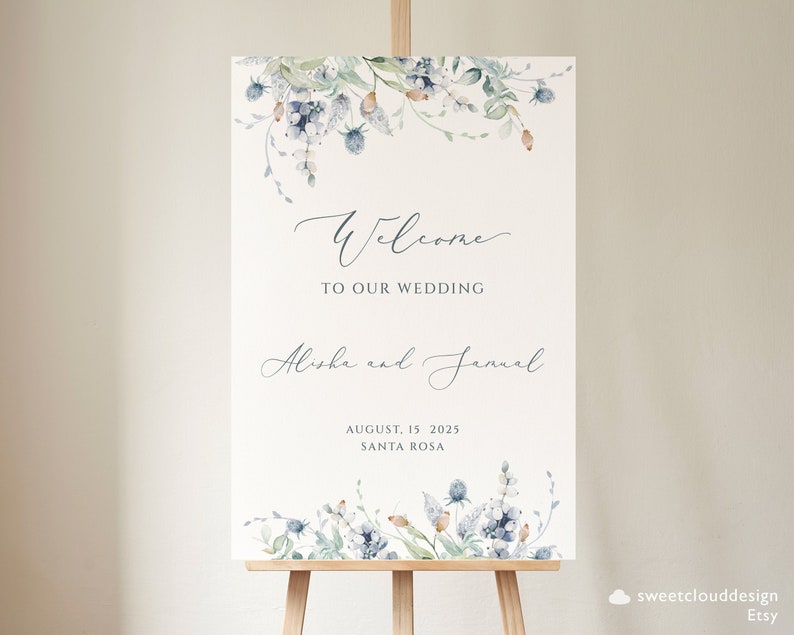 Dusty Blue flower Welcome Wedding Sign Template Steel blue flower welcome Sign Printable winter floral welcome Sign soft green sign Berrie image 2