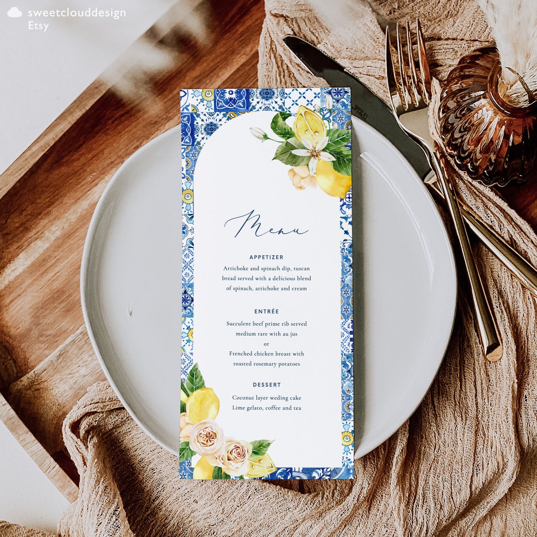 Lemon Blue Tile Wedding Menu Template Rose Blue Tile Arch Frame Floral ...