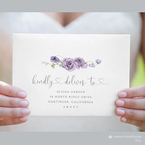 Purple Floral Envelope address Template violet rose Address printable Heart font Editable Envelope Address Template green leaf envelope