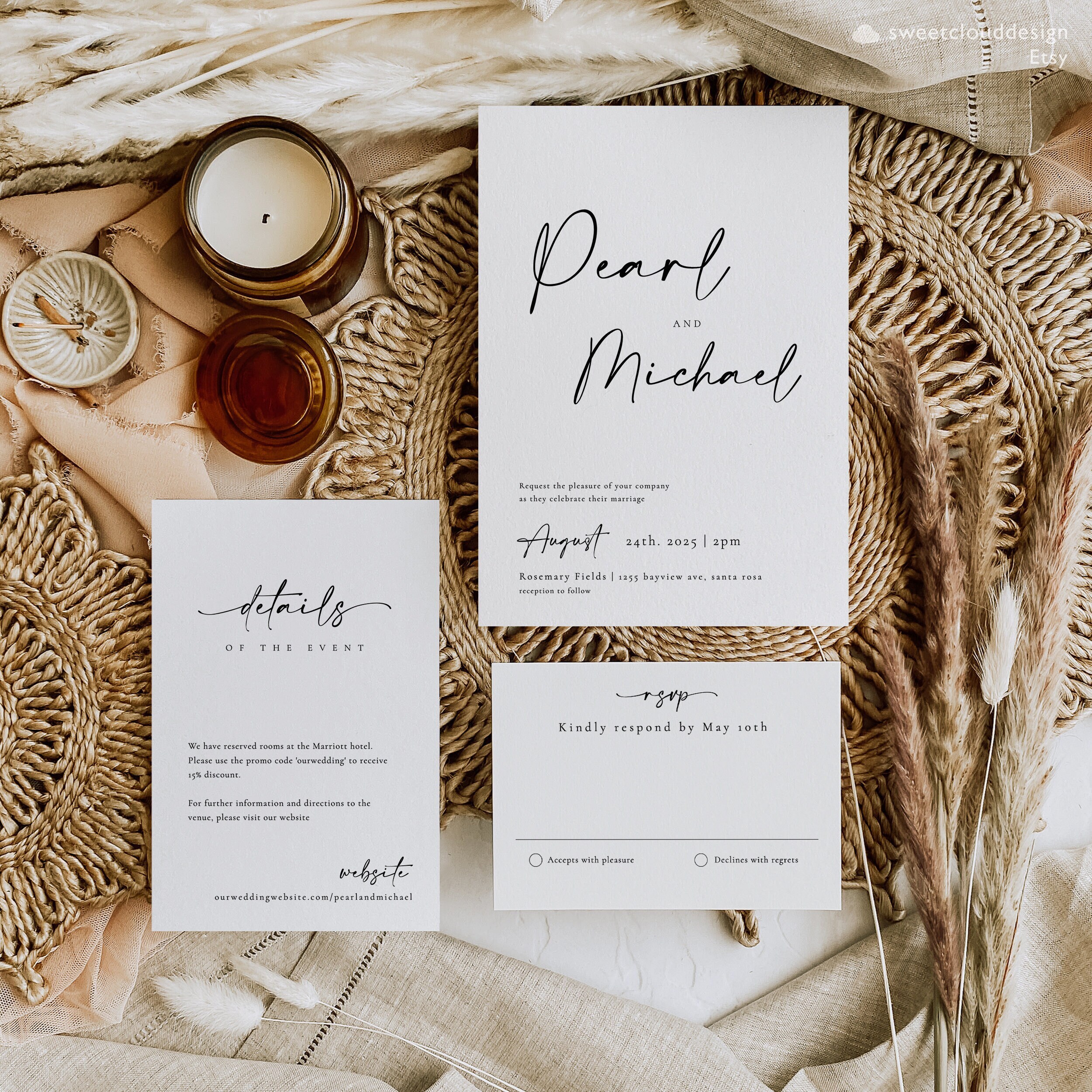 4pcs Minimalist Wedding Invitation Set Template,modern Bohemian
