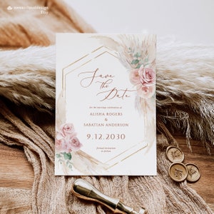 Dusty Pink Boho Save the date Blush Boho Pfirsich Save the date Karte Editable Pampas Gras grün Save the date druckbarer Goldrahmen