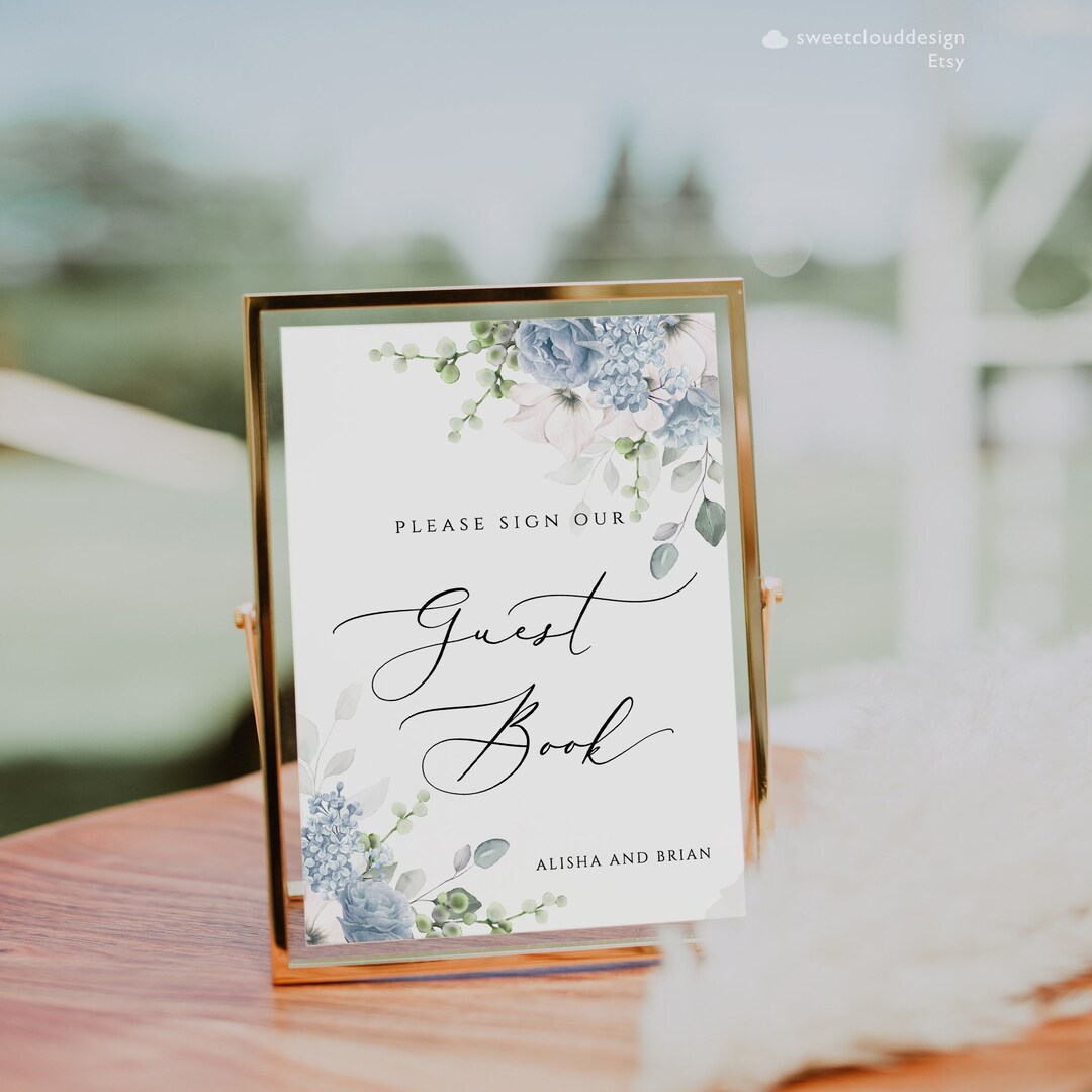 Soft Blue Floral Guest Book Table Sign Template, Dusty Blue Sign Our ...