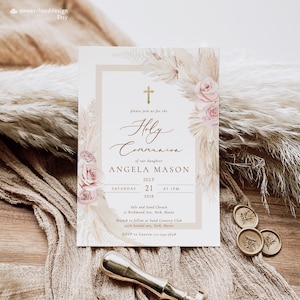 BOHO Blush Heilige Kommunion einladung Gold Kreuz Heilige Kommunion einladungsschablone Mädchen Blush Blumen Heilige Kommunion Einladungskarte
