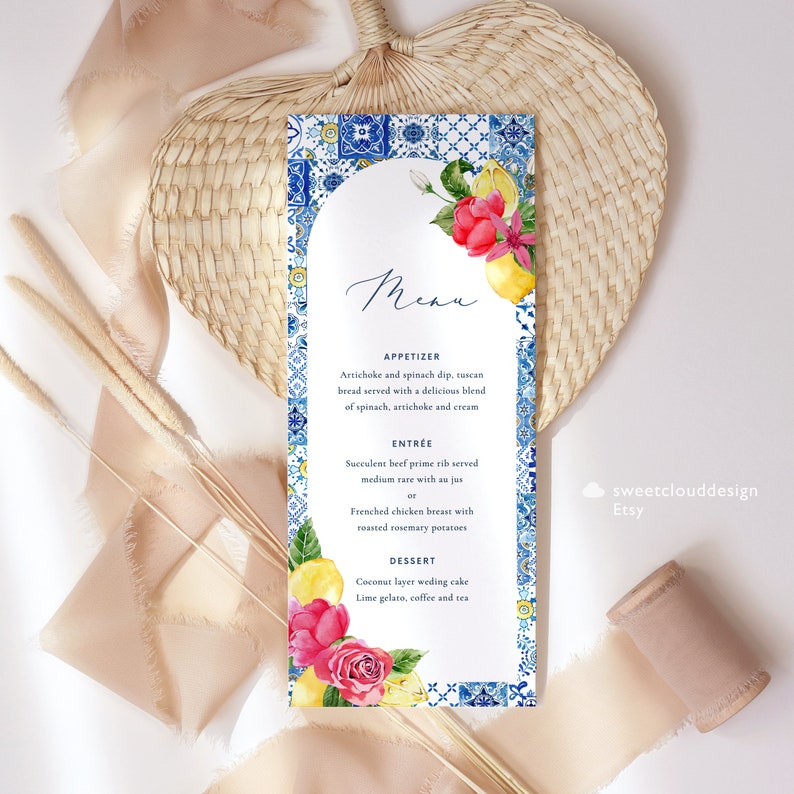 Lemon and Pink Rose Menu Template Blue Tile and Pink Floral | Etsy