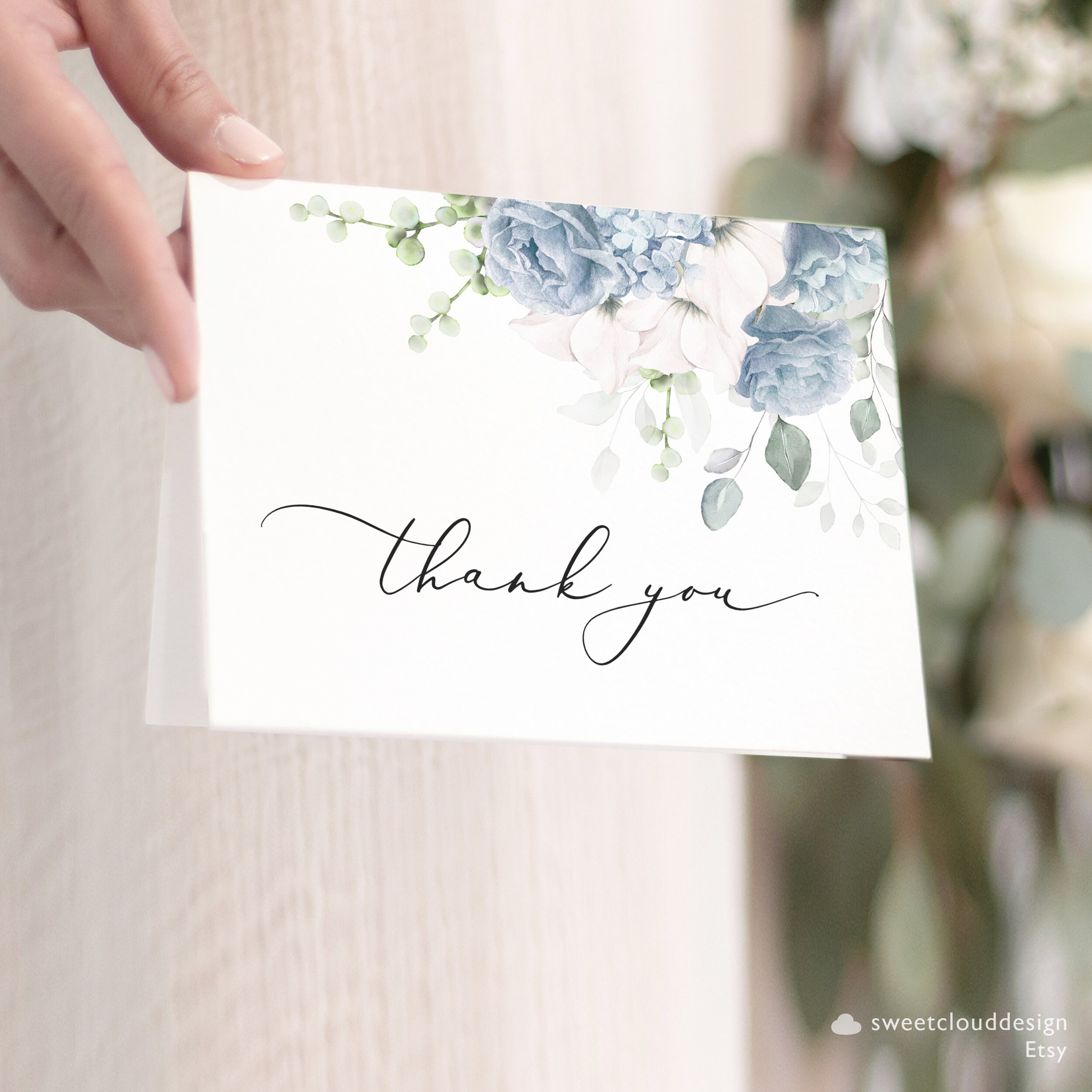 Dusty Blue Floral Thank You Wedding Thank You Card Template Editable ...