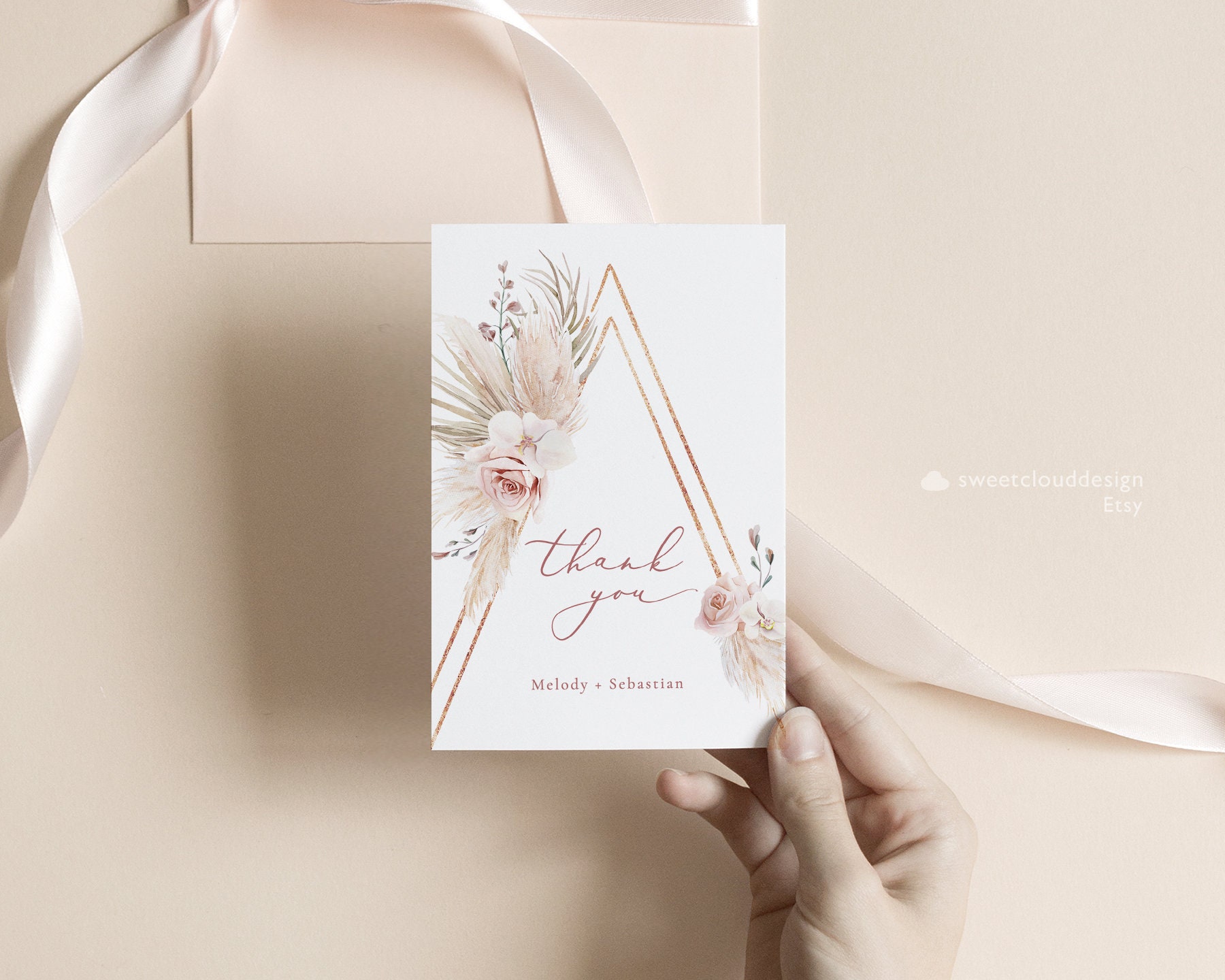Rose Gold Thank You Card Template Boho Orchid Arch Thank You Card ...