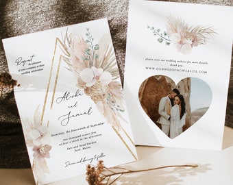 Boho Wedding Invitation beach tropical wedding Invitation Pampas grass invitation template Palm Leaf Invitation Bohemian invite sage green