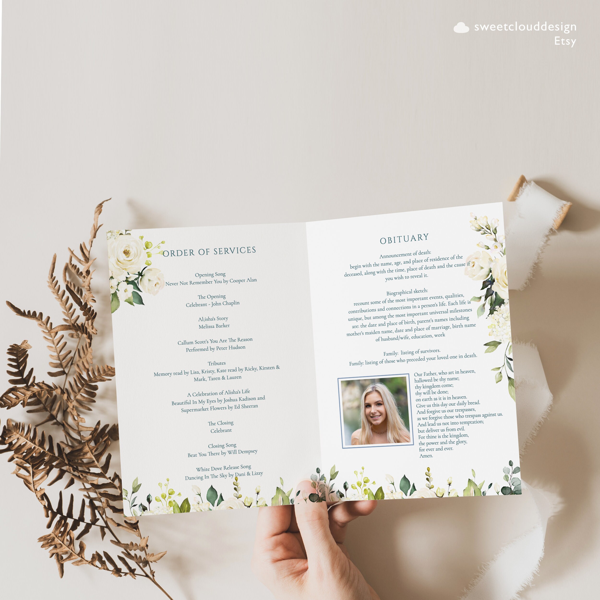 Program Flower Design White Flower Funeral Program Booklet White Rose Ceremony Foldable ...