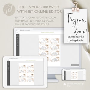 May include: A computer screen displaying a website with a design template for a wedding favor tag. The tag features a beige and white floral design with the text "Choose a side" and "Bride & Groom". The website is called "Jet Templates" and allows users to edit the text, fonts, colors, and images. The text "Try our demo! Please see the Listing details" is displayed on a pink note.