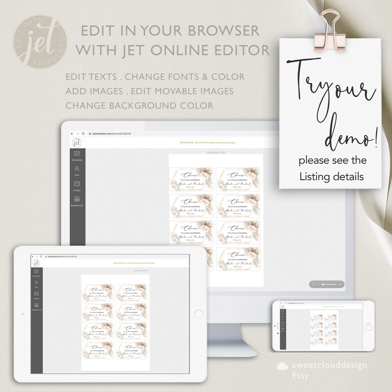 May include: A computer screen displaying a website with a design template for a wedding favor tag. The tag features a beige and white floral design with the text "Choose a side" and "Bride & Groom". The website is called "Jet Templates" and allows users to edit the text, fonts, colors, and images. The text "Try our demo! Please see the Listing details" is displayed on a pink note.