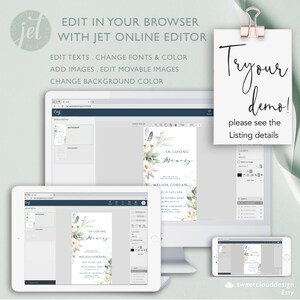 May include: A digital mockup of a computer screen, tablet, and phone showing a customizable template for an In Loving Memory memorial card. The template features a watercolor floral design with white flowers and green leaves. The text on the card reads "In Loving Memory" and includes space for a name, date, and funeral home information.
