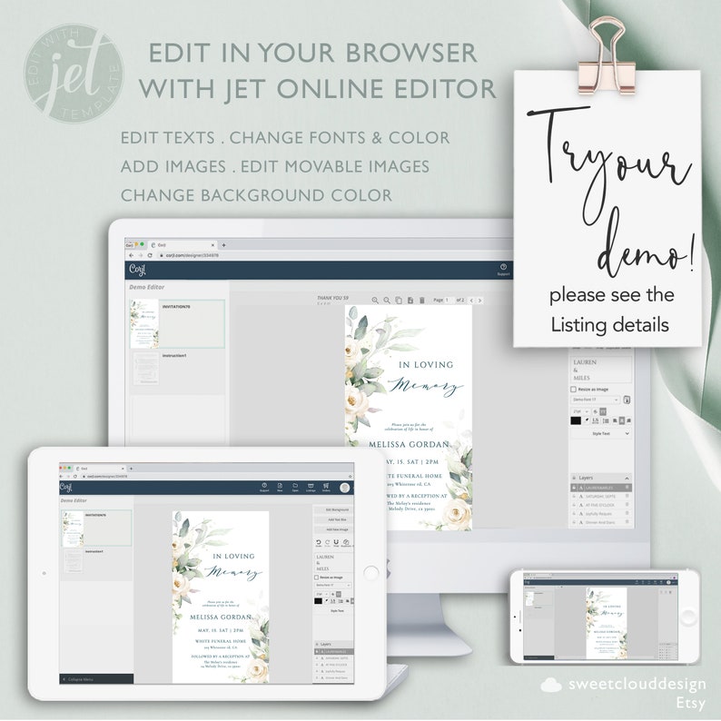 May include: A digital mockup of a computer screen, tablet, and phone showing a customizable template for an In Loving Memory memorial card. The template features a watercolor floral design with white flowers and green leaves. The text on the card reads "In Loving Memory" and includes space for a name, date, and funeral home information.