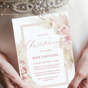 BOHO blush Taufe Einladung Vorlage Mädchen Blush floral Printable Tauf lädt Heilige Kommunion einladen Baby Mädchen Kommunion