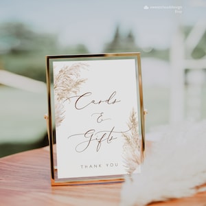 Cartões de grama de pampas e presentes sinal boho sinal de mesa de presente bege grama imprimível personalizado sinal de mesa de casamento presentes sinal de chá de bebê sinal de noiva