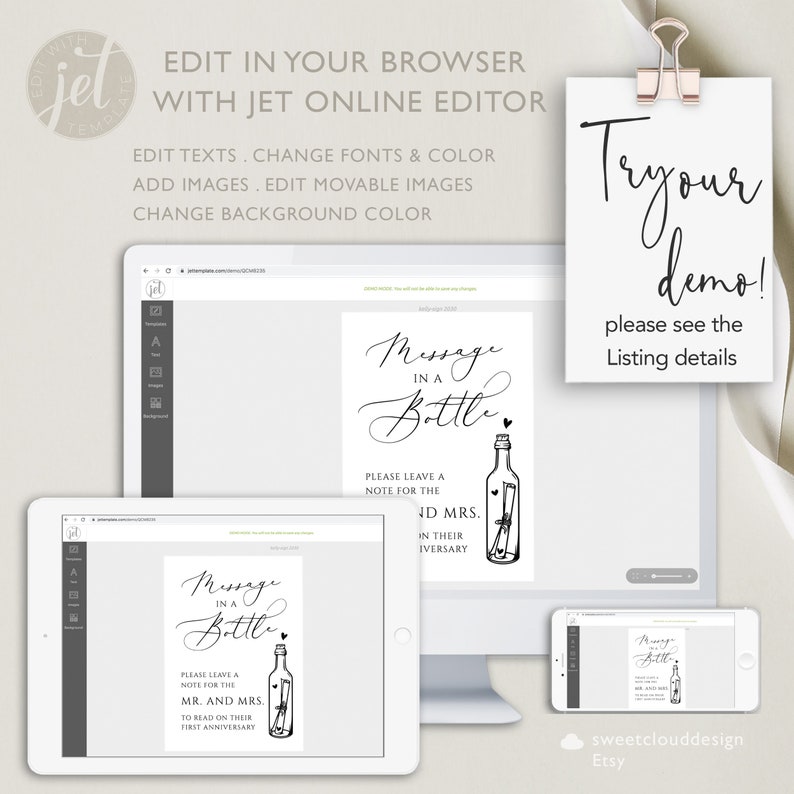 May include: A digital mockup of a printable sign that says "Message in a Bottle". The sign is shown on a computer screen, tablet, and phone. The sign is a wedding or anniversary guest book suggestion. Guests are asked to leave a message for the couple to read on their anniversary.