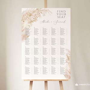 Pampasgras Alfabetische zitplaatsgrafieksjabloon Boho Alfabetvolgorde Bruiloft Zitplaatsgrafiek Bewerkbare Boho Zitplaatsbord-zitplan