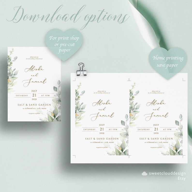 Greenery Wedding Invitation set Green and Gold wedding invitation editable wedding invitation Dusty Green Wedding Invite Eucalyptus wedding image 8