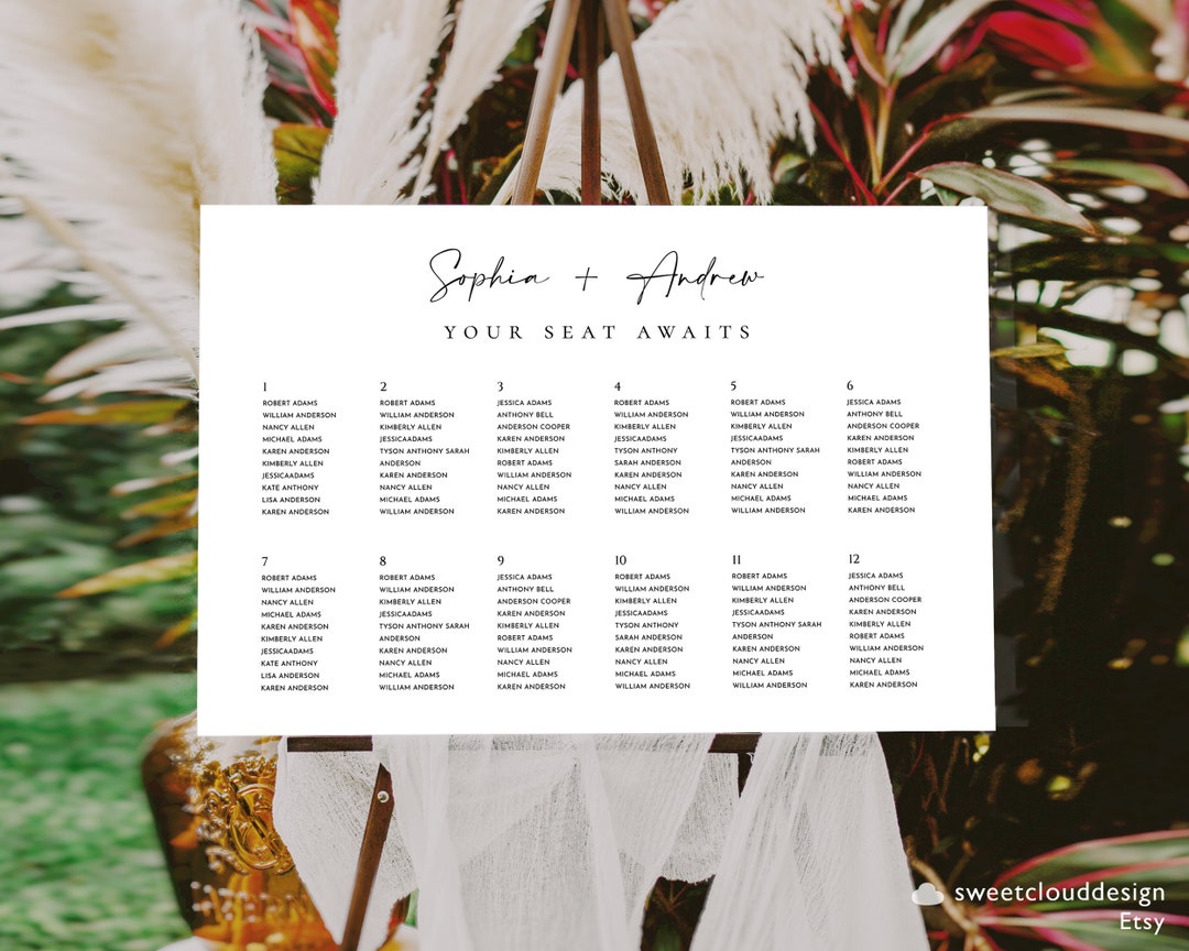 Simple Wedding Seating Chart Horizontal Editable Modern Seating Plan ...