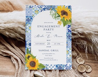 Blue tile and sunflower Engagement party Invitation template Mediterranean Arch frame Engagement Italian Blue Tile invitation sunflower card